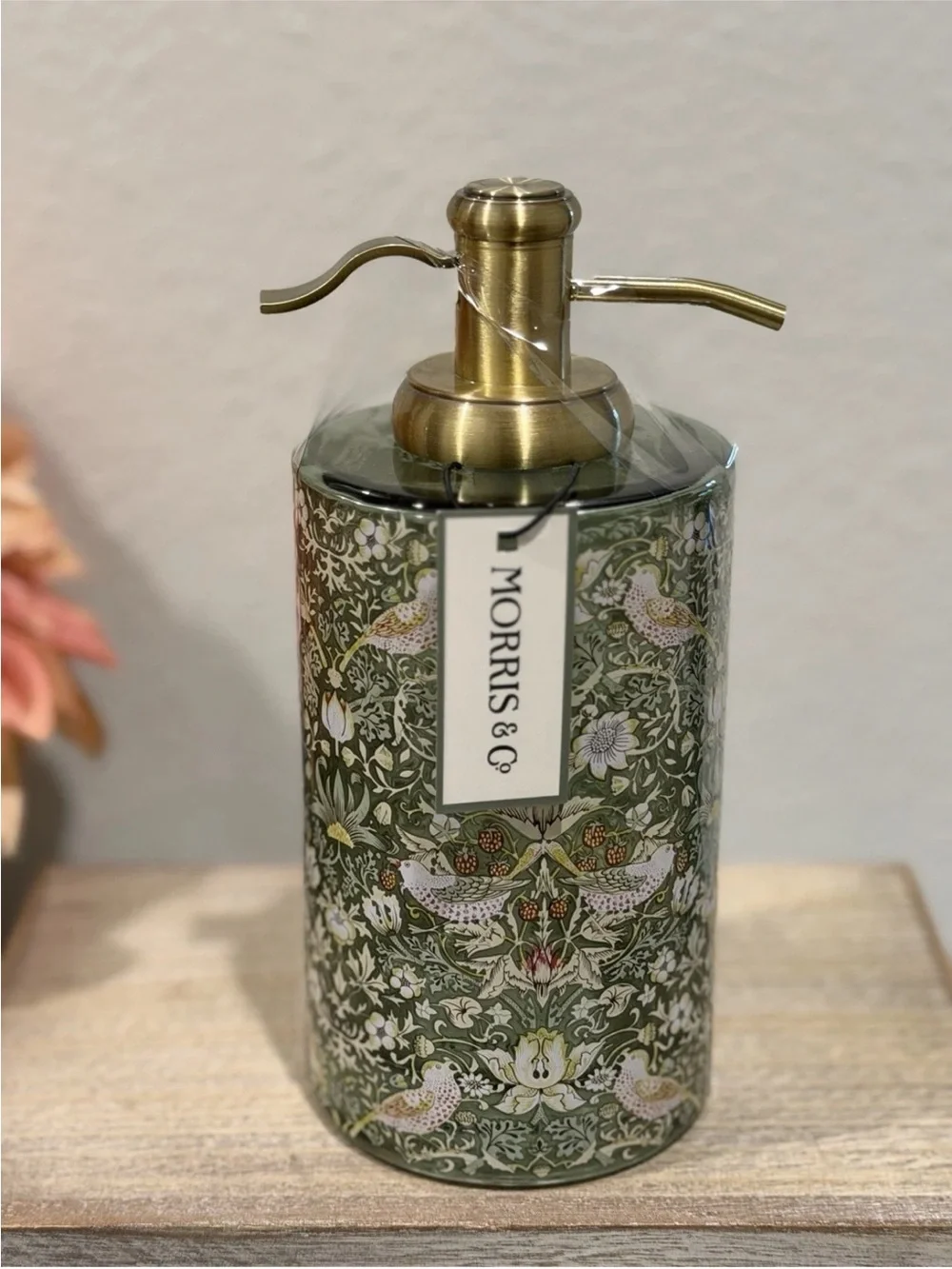 William Morris & Co Green Glass Bathroom Soap Dispenser Strawberry Thief - NEW